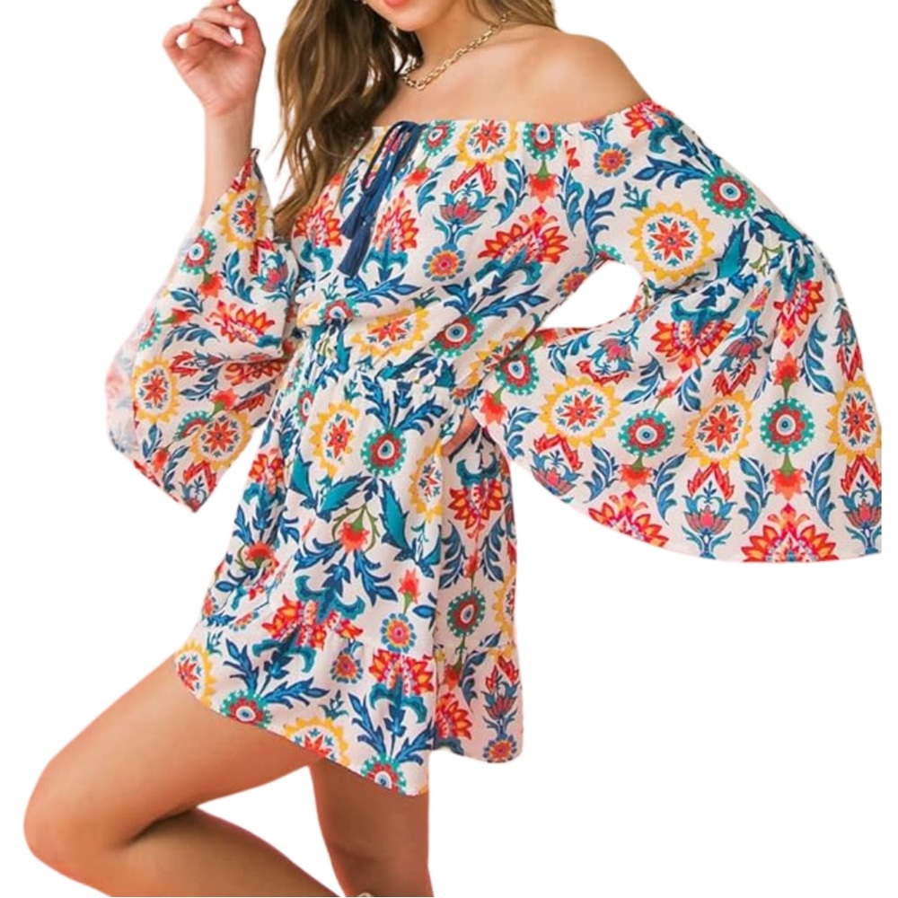 Coverup Off Shoulder Romper with Bell Sleeves - Picture 3 of 4